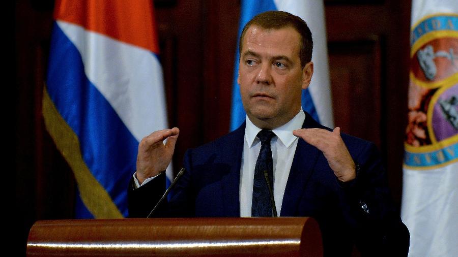 4.out.2019 - O premiê russo Dmitry Medvedev durante evento em Havana (Cuba) - Yamil Lage/AFP