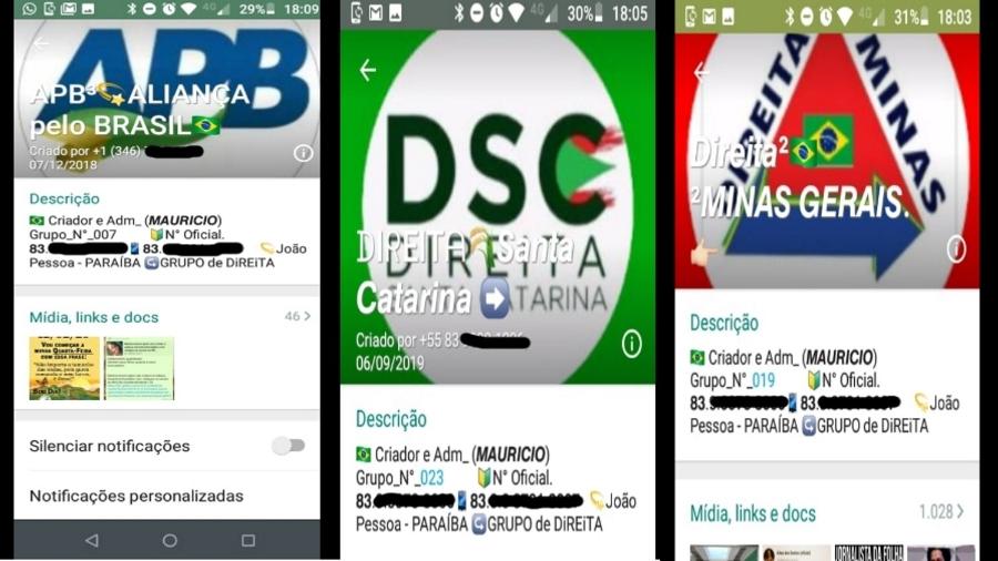 Montagem com grupos criados por administrador profissional de milícias digitais de fake news pró-Bolsonaro no WhatsApp: "Maurício Paraíba" comanda 80 grupos no aplicativo - Reprodução