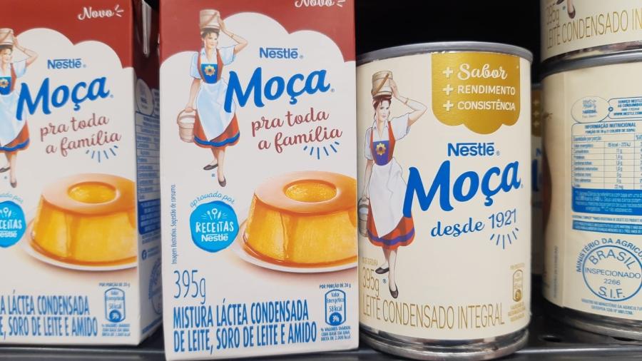 Reduflação: Descrição em embalagens mostram os diferentes componentes do produto "Moça", da Nestlé. À esquerda, mistura láctea. À direita, leite condensado. - Felipe de Souza/UOL