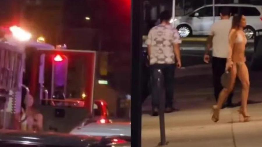 Mulher de biquíni branco  desce lentamente do caminhão de Bombeiros na Califórnia - Reprodução/Youtube