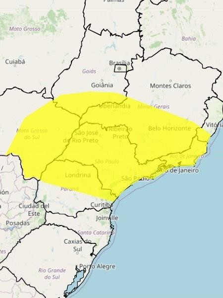 Área em amarelo está em atenção de perigo potencial para chuvas fortes entre o dia 31 de janeiro e 2 de fevereiro