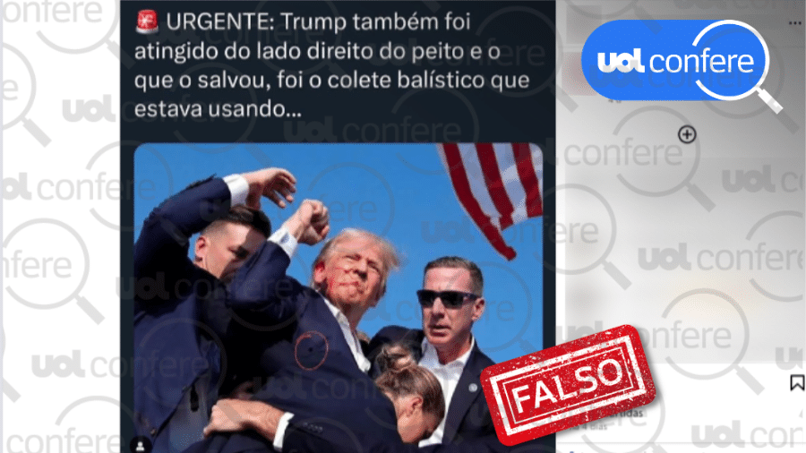 18.jul.2024 - É falso que Donald Trump teria levado um tiro no peito durante comício, como afirmam postagens que circulam nas redes sociais