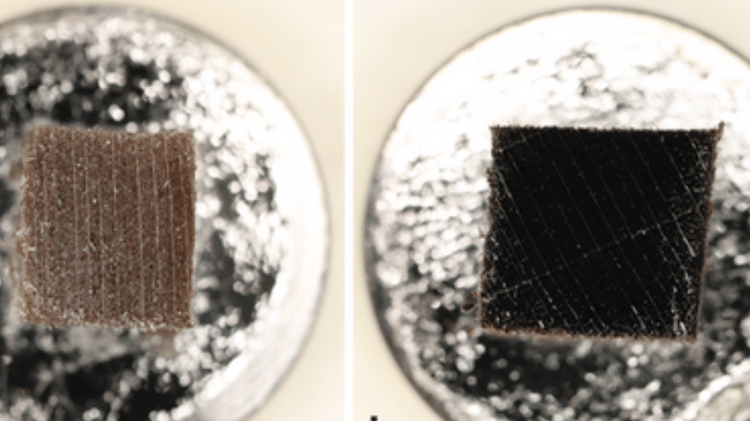 Wood samples used in the study. Left, uncoated sample. Right, gold-vanadium coated sample. Even with coating, the extremely black wood can maintain its color and prevent light absorption.