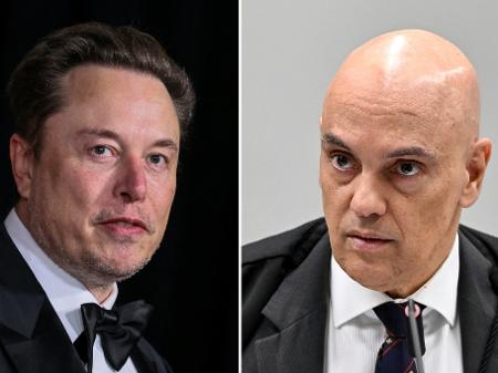 Elon Musk em Los Angeles, na Califórnia (EUA), e o ministro do STF Alexandre de Moraes - ETIENNE LAURENT e EVARISTO SA/AFP