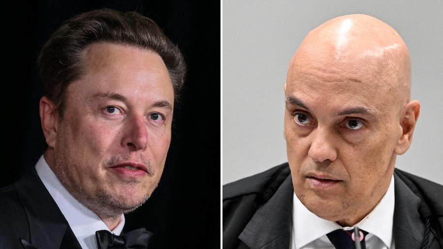  Elon Musk em Los Angeles, na Califórnia (EUA), e o ministro do STF Alexandre de Moraes - ETIENNE LAURENT e EVARISTO SA/AFP