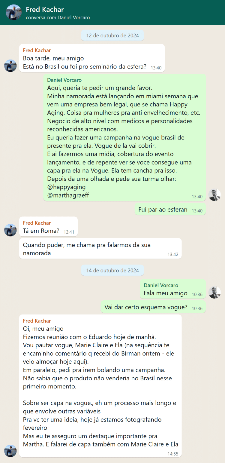 Conversa entre Vorcaro e Kachar sobre capa da Vogue