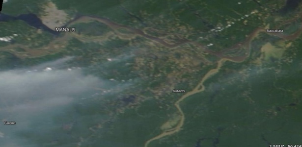 Imagem de satélite mostra fumaça de queimadas, que cobre a cidade de Manaus (AM) - Reprodução/Nasa/INPE