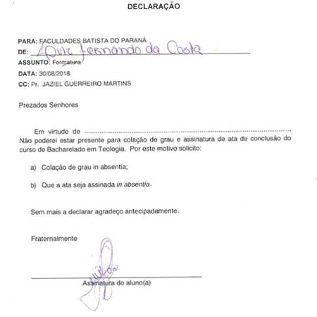 Beira-Mar assina declaração de que faltaria à cerimônia de formatura em teologia - Reprodução