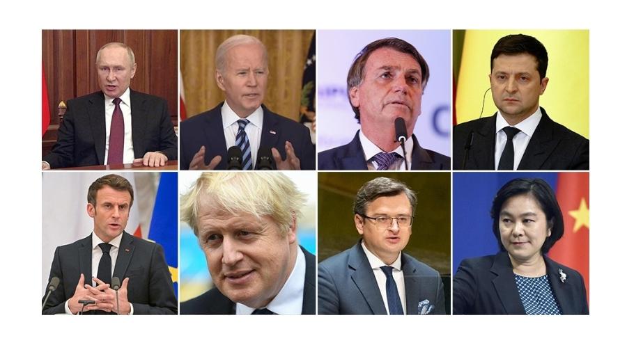 Montagem com as fotos (da esq. para dir.) de Putin, Biden, Bolsonaro, Zelensky (em cima), Macron, Johnson, Dmytro Kuleba e Hua Chunying (embaixo)  - Reprodução