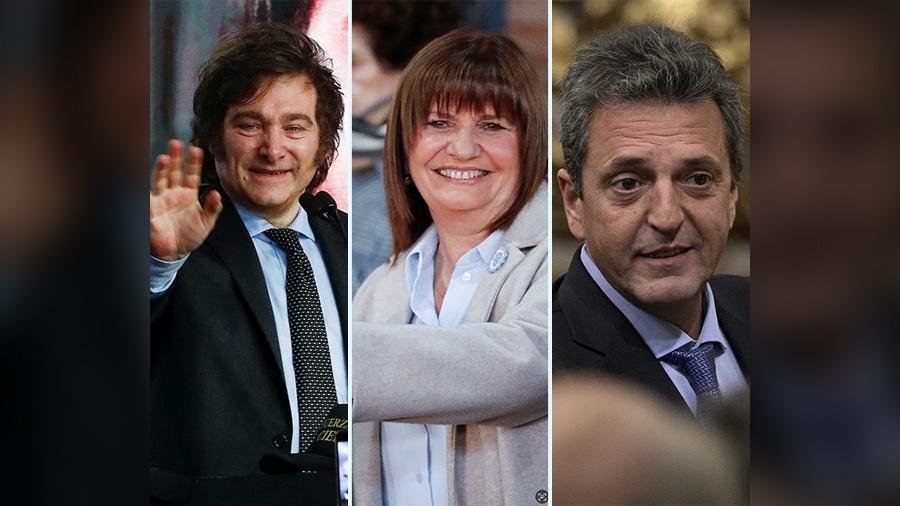 Principais candidatos à presidência da Argentina: Javier Milei, Patricia Bullrich e Sergio Massa