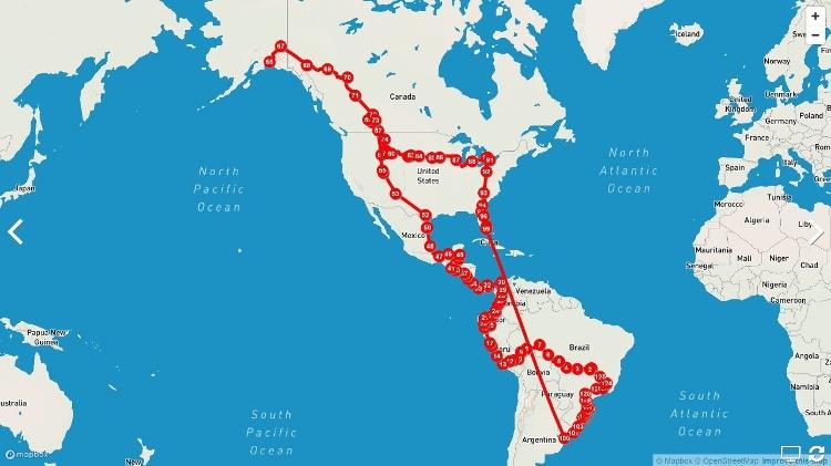 Caminho percorrido por Cláudio de Brasília até o Alasca Caminho percorrido por Cláudio de Brasília até o Alasca