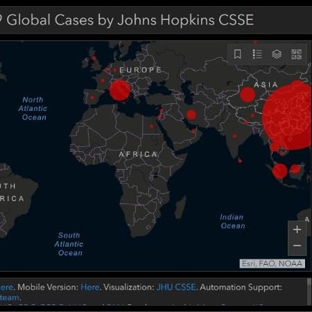 Mapa do coronavírus elaborado pelo Centro de Ciência e Engenharia de Sistemas da Universidade Johns Hopkins (EUA) - Reprodução
