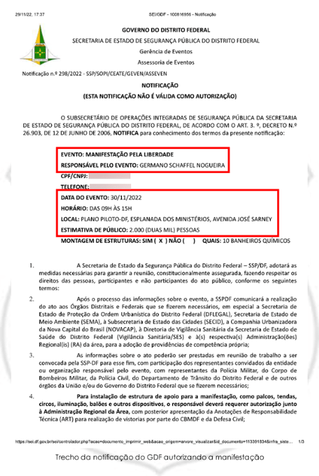 Documento enviado ao governo do Distrito Federal 