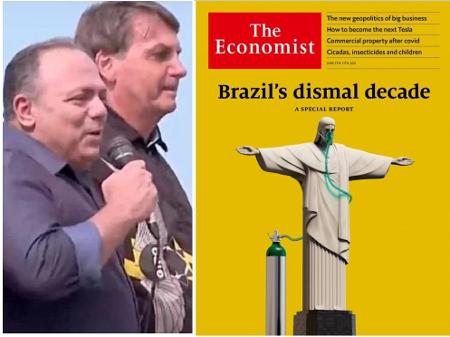 Pazuello ao lado de Bolsonaro em palanque golpista e a capa da revista Economist, que expressa o entendimento de boa parte do mundo sobre o Brasil - Reprodução/Reprodução