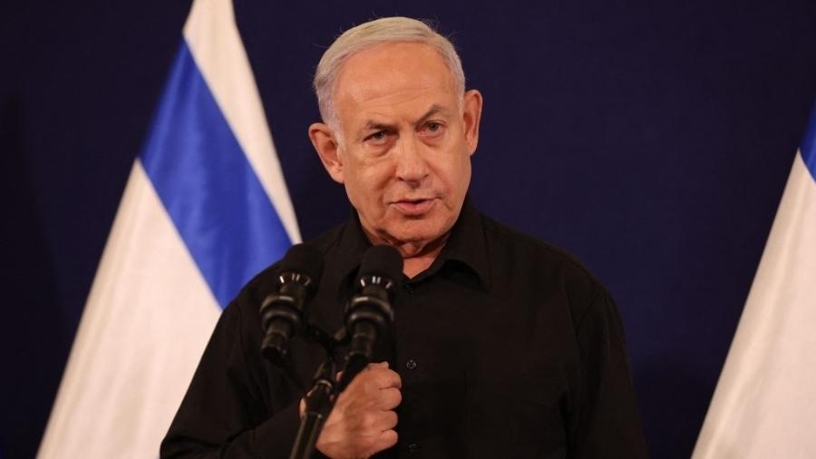Benjamin Netanyahu, primeiro-ministro de Israel, em base militar de Kirya, em Tel Aviv