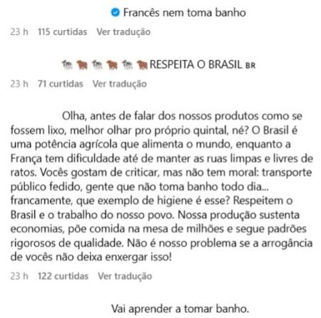 "Melhor olhar para o próprio quintal", comentou brasileira em post de parlamentar francês