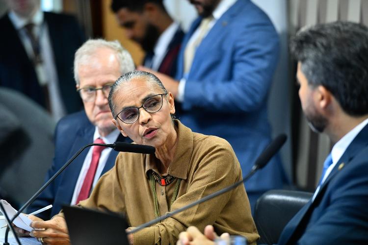 A ministra do Meio Ambiente, Marina Silva, fala com o senador Marcos Rogério durante sessão da comissão de Infraestrutura; ao fundo, o secretário-executivo do ministério do Meio Ambiente, João Paulo Capobianco A ministra do Meio Ambiente, Marina Silva, fala com o senador Marcos Rogério durante sessão da comissão de Infraestrutura; ao fundo, o secretário-executivo do ministério do Meio Ambiente, João Paulo Capobianco
