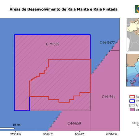 Mapa das áreas Raia Manta e Raia Pintada, áreas de desenvolvimento do Projeto Raia no bloco BM-C-33, operado por Equinor, Petrobras e Repsol Mapa das áreas Raia Manta e Raia Pintada, áreas de desenvolvimento do Projeto Raia no bloco BM-C-33, operado por Equinor, Petrobras e Repsol