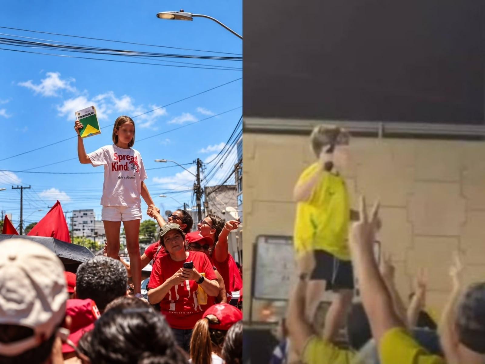 Nas redes sociais, foto de criança segurando Constituição em ato lulista foi comparada à foto de outra criança segurando uma arma em comemoração sobre os resultados de Flávio Bolsonaro no primeiro turno; os dois registros aconteceram no RN - undefined