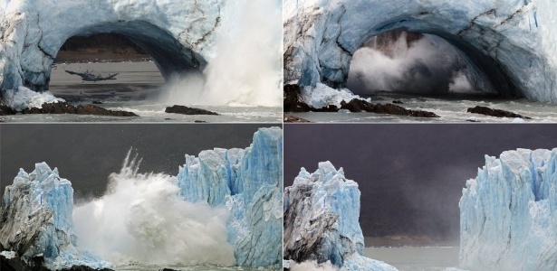 Sequência de imagens mostra o colapso de enormes massas de gelo no sul da Argentina - Walter Diaz/AFP
