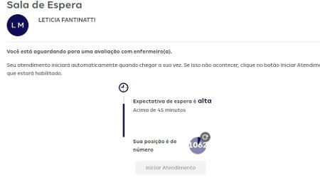 Print de tela mostra tempo de espera para teleconsulta - Reprodução - Reprodução