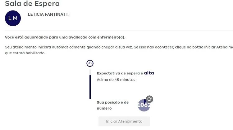 Print de tela mostra tempo de espera para teleconsulta - Reprodução - Reprodução