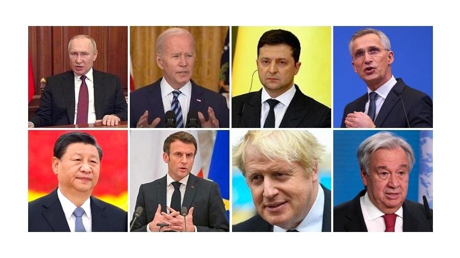 Da esq. para dir. (em cima): Putin, Biden, Zelensky, Stoltenberg (Otan); embaixo: Xi Jinping; Macron, Boris Johnson e António Guterres (ONU) - UOL