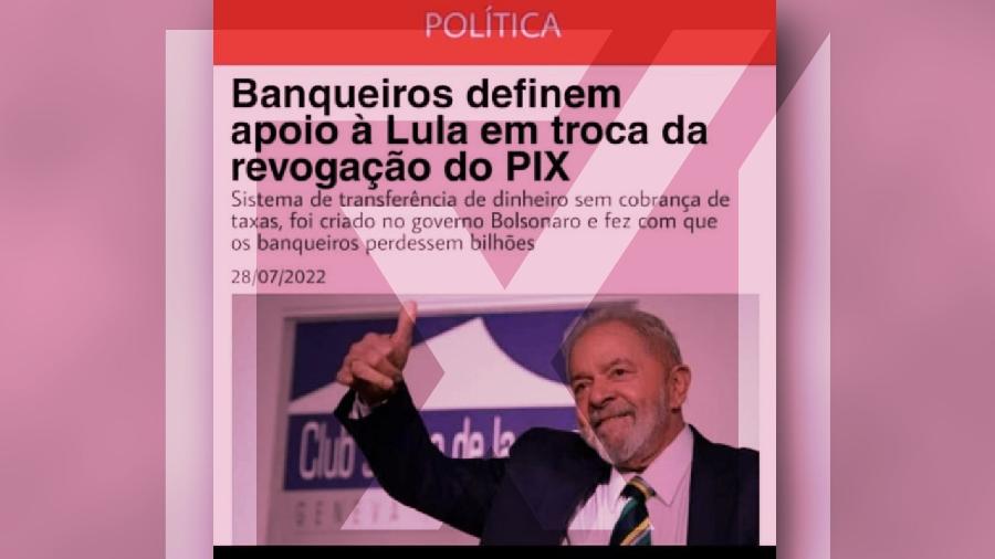 11.ago.2022 - É falso post publicado em redes sociais afirmando que o G1 noticiou que banqueiros apoiarão Lula em troca da revogação do Pix - Projeto Comprova
