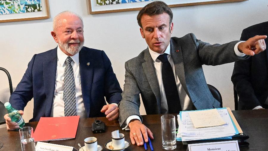 Macron e Lula durante encontro em julho Macron e Lula durante encontro em julho