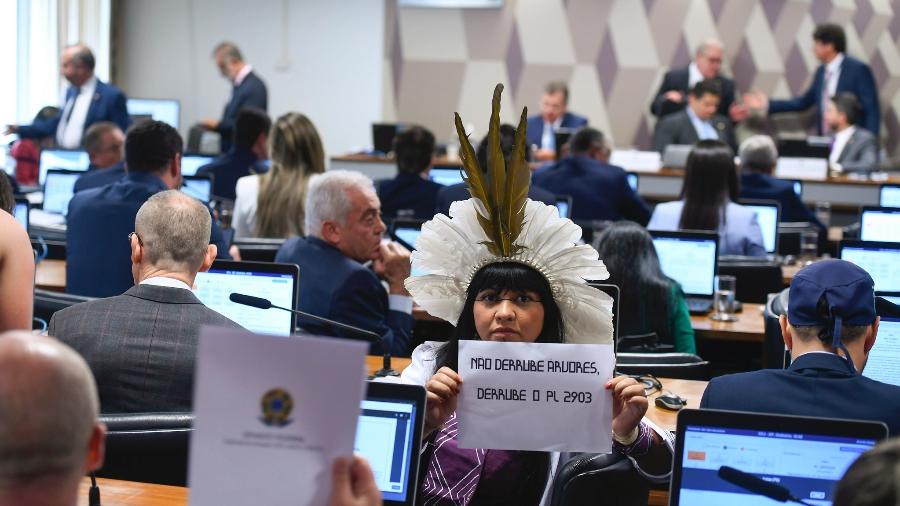 Deputada Célia Xakriabá (PSOL-MG) durante votação do marco temporal na CCJ do Senado
