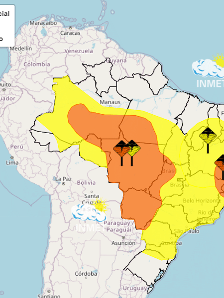Mapa do Inmet alerta para riscos de chuvas em boa parte do país