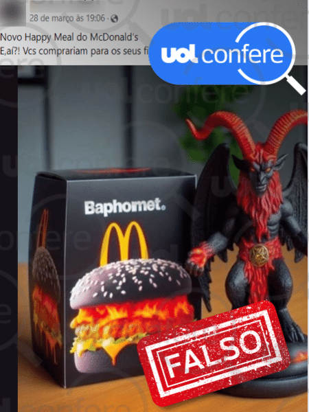 4.abr.2024 - Imagem de sanduíche Baphomet do McDonald's é falsa e foi criada por IA