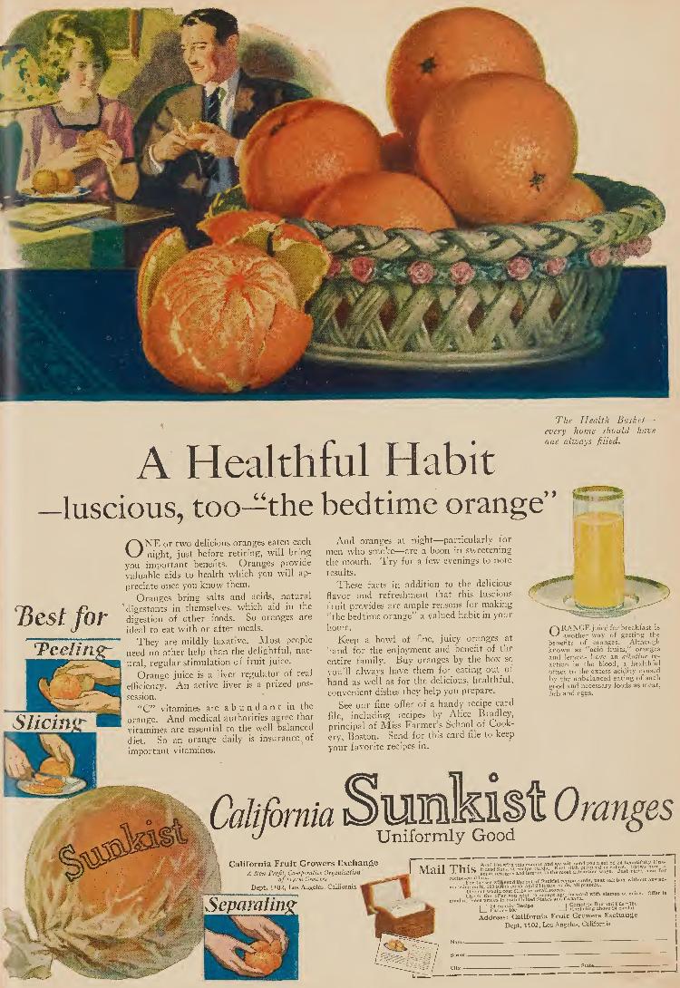 Anúncio da Sunkist de 1924 ressalta os benefícios do suco de laranja para a saúde Anúncio da Sunkist de 1924 ressalta os benefícios do suco de laranja para a saúde