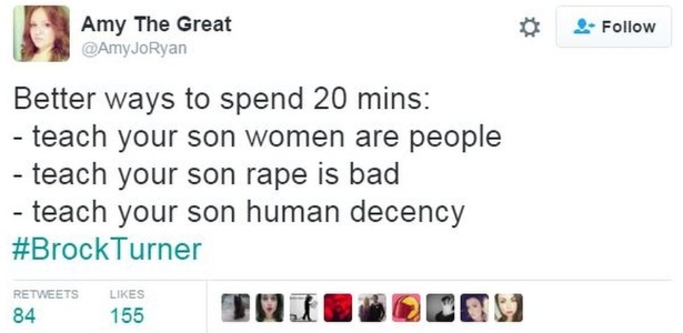 "Melhores maneiras de passar 20 minutos: ensinar a seu filho que mulheres são pessoas; ensinar a seu filho que estupro é ruim; ensinar a seu filho decência humana" - Reprodução/Twitter