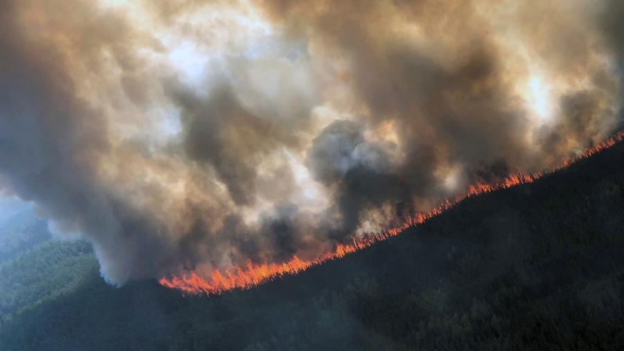 Incêndio queima aproximadamente 15 milhas a oeste da Junção Delta e a oeste do Rio Tanana perto de Delta Creek, Alasca - Alaska Division of Forestry/Reuters