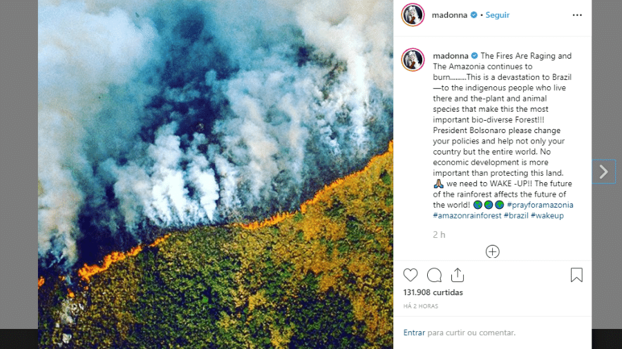 22.ago.2019 - Madonna posta no Instagram sobre as queimadas na Amazônia - Reprodução/Instagram @madonna