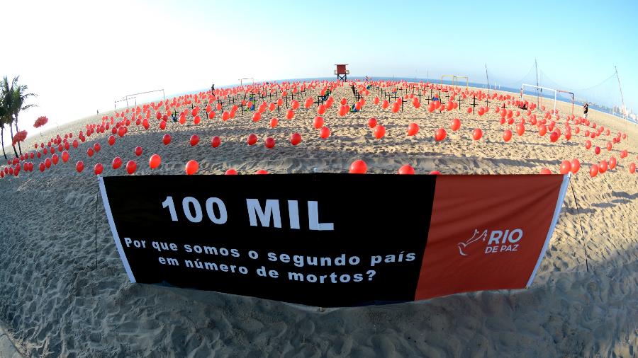 08.ago.2020 - ONG Rio de Paz lota a areia da praia de Copacabana, no Rio, com bexigas vermelhas em homenagem aos quase 100 mil mortos pela covid-19 no Brasil - JORGE HELY/FRAMEPHOTO/FRAMEPHOTO/ESTADÃO CONTEÚDO