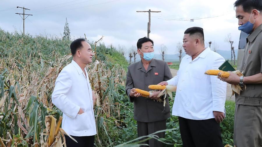 O ditador da Coreia do Norte, Kim Jong-un, visita uma plantação de milho em área atingida por tufão, em Hwanghae do Sul - STR/AFP