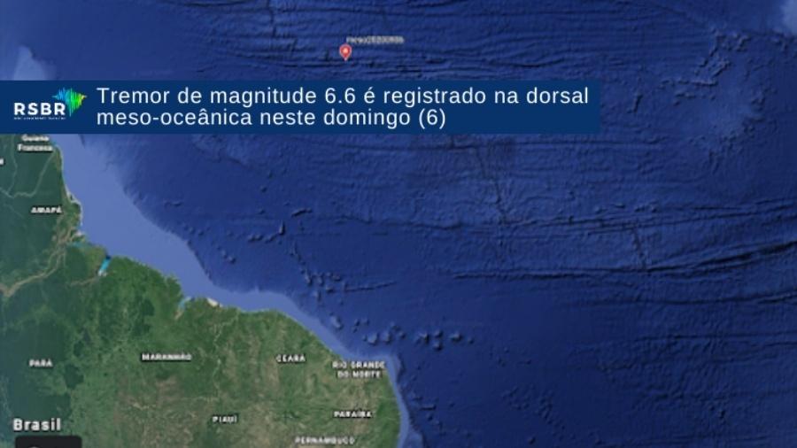 06.set.2020 - Local de tremor registrado no oceano, ao norte do Ceará - Divulgação/RSBR