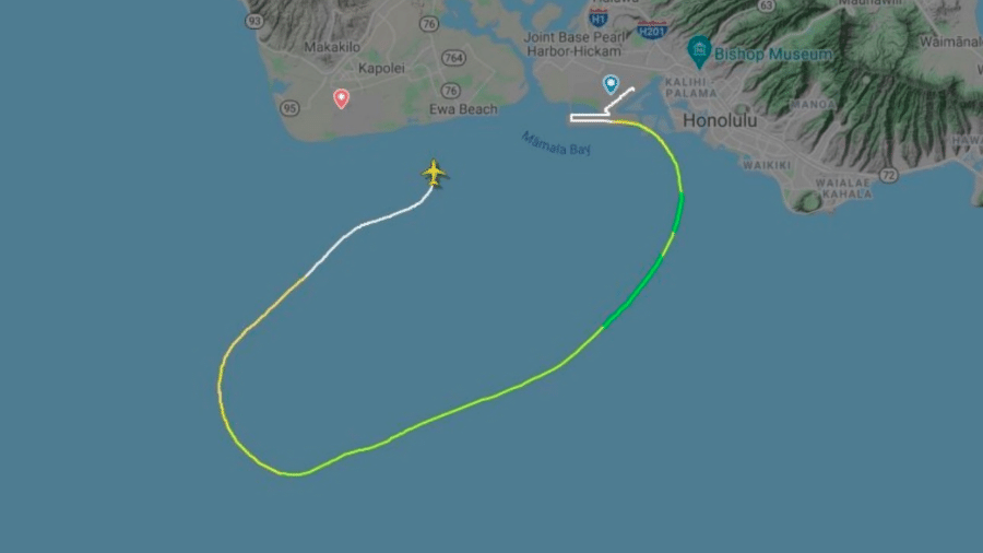 Mapa mostra trajetória de avião até queda no mar do Havaí - Reprodução/Twitter