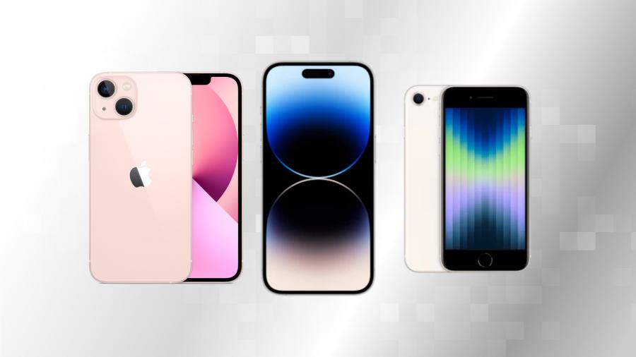 iPhone 13, iPhone 14 Pro (centro) e iPhone SE (2022) - Reprodução