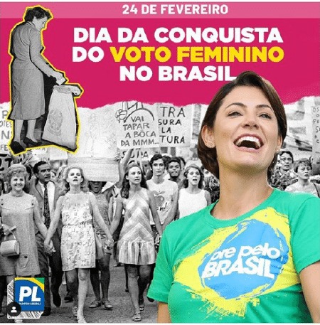 Publicação feita nas redes sociais do PL Mulher traz uma montagem de Michelle Bolsonaro com a famosa foto das atrizes da Marcha dos Cem Mil, realizada contra a ditadura em 1968