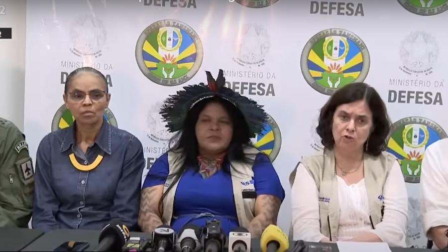 As ministras Marina Silva (Meio Ambiente), Sonia Guajajara (Povos Indígenas) e Nizia Trindade (Saúde) comandaram comitiva que foi ao território Yanomami, em Roraima - Reprodução/ TV Brasil