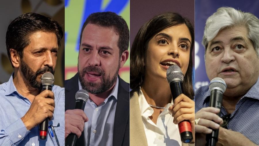 Pré-candidatos à Prefeitura de São Paulo: da esquerda para a direita, Ricardo Nunes, Guilherme Boulos, Tabata Amaral e Datena