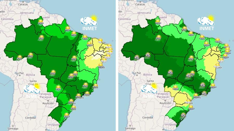 Mapa do INMET mostra a previsão do tempo para todo o Brasil no sábado (14, à esquerda) e no domingo (15, à direita)