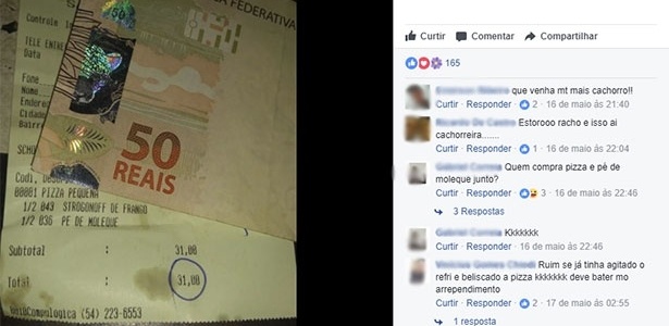 Em postagem no Facebook, motoboy escreveu: ''Aí o cliente demora pra descer do prédio, e você no frio, e ele diz deixa assim''. Conta era de R$ 31, e a caixinha foi de R$ 19 - Reprodução/Facebook/Motoboy's e Entregadores - Reprodução/Facebook/Motoboy's e Entregadores