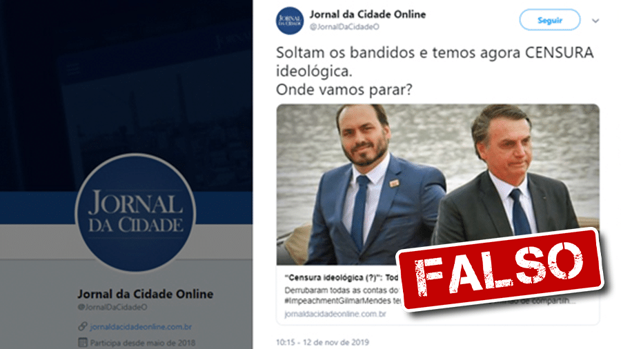 13.nov.2019 - Post com afirmação falsa diz que Carlos Bolsonaro foi alvo de "censura ideológica" - Arte/UOL