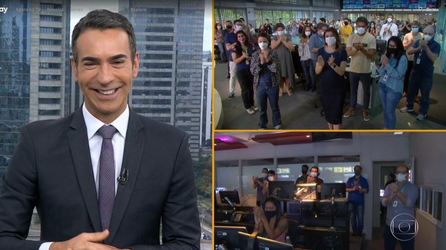 Na despedida de Cesar Tralli do SP1, o espectador viu a reação de funcionários em diferentes ambientes do telejornal - Reprodução