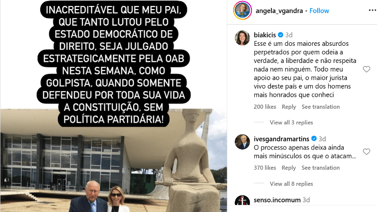 05.nov.2024 - Ângela Gandra ataca OAB-SP pelo julgamento de um recurso contra o pai, Ives Gandra