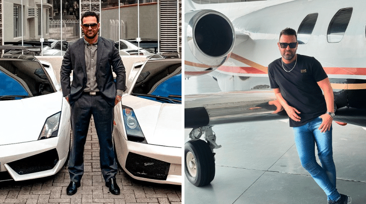 Luciano Fracaro, do grupo Suda, em frente aos seus automóveis Lamborghini e a seu avião particular